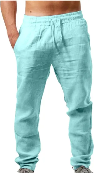 Men's Linen Blend Drawstring Wide Leg Pant Classic Elastic Waist Solid Joggers Pants Casual Hiking Outdoor Trousers