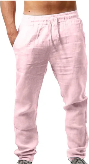 Men's Linen Blend Drawstring Wide Leg Pant Classic Elastic Waist Solid Joggers Pants Casual Hiking Outdoor Trousers