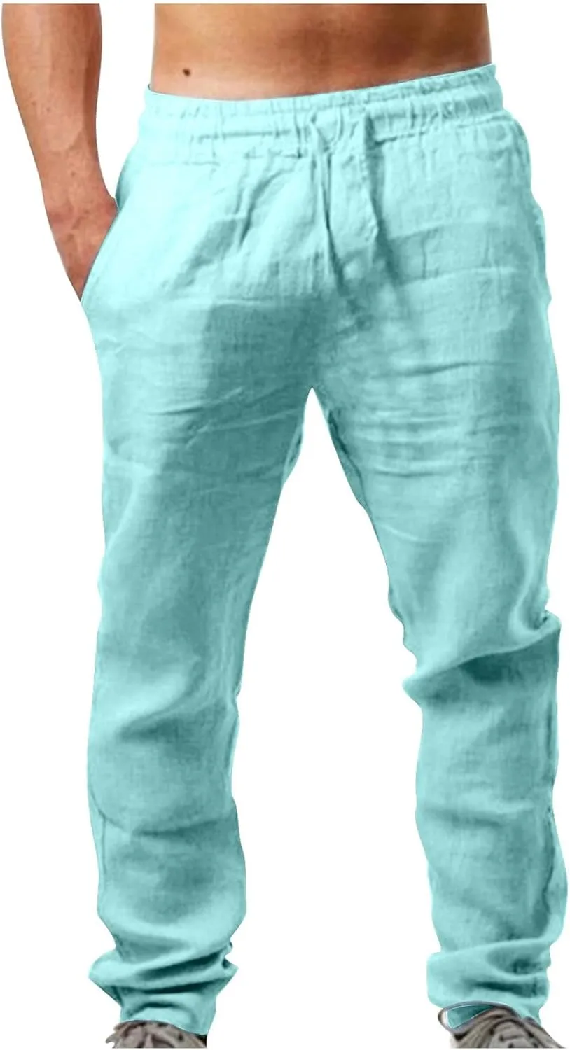 Men's Linen Blend Drawstring Wide Leg Pant Classic Elastic Waist Solid Joggers Pants Casual Hiking Outdoor Trousers