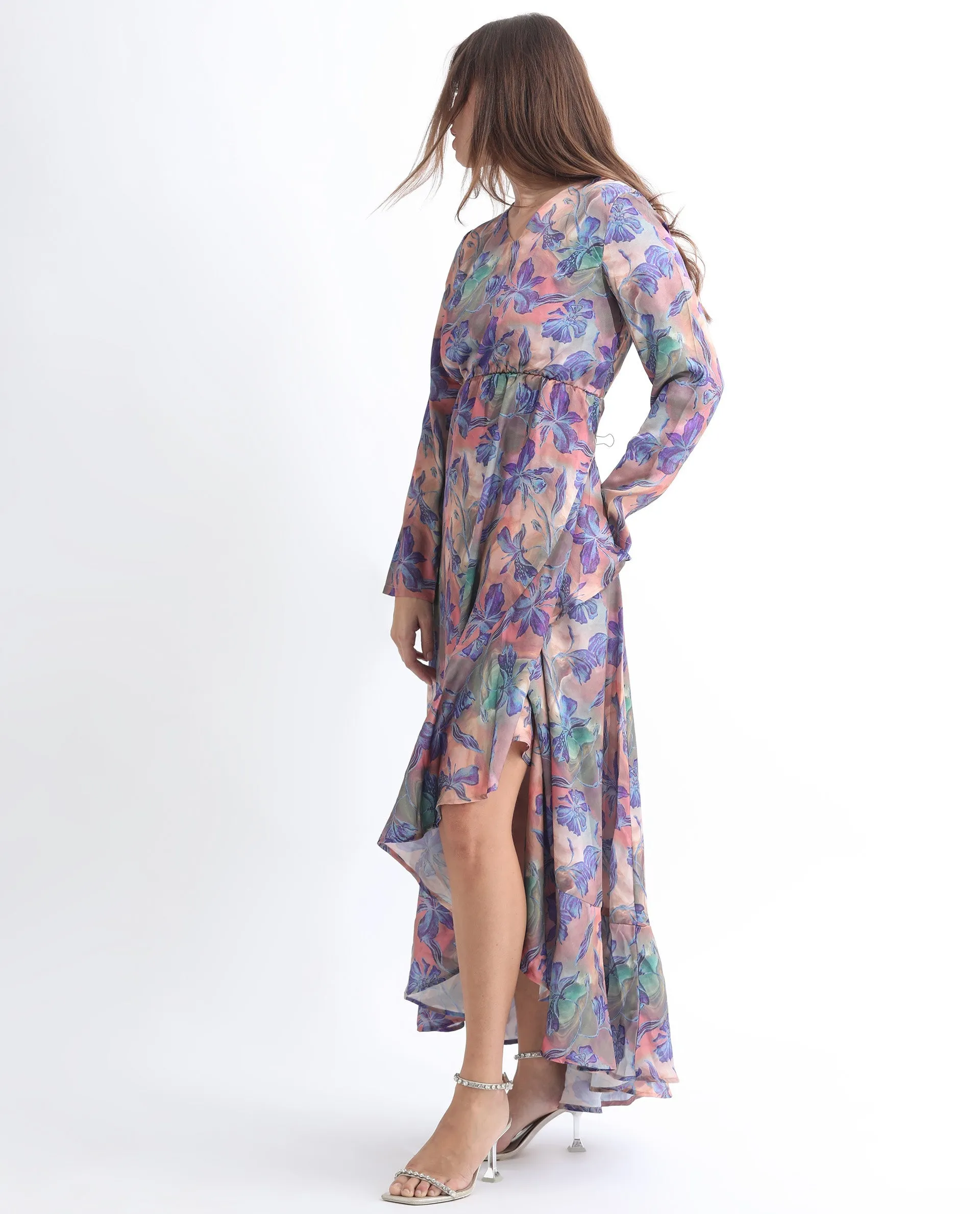 Rareism Women Belen Pastel Blue Polyester Fabric Full Sleeves Zip Closure V-Neck Flared Fit Floral Print Maxi Empire Dress