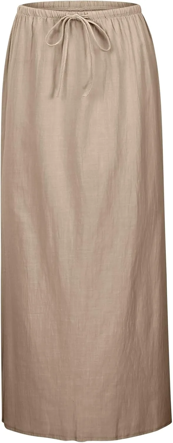 Summer Boho Linen Skirts for Women Casual Loose Maxi Length Drawstring Low Rise A-Line Flowy Long Beach Skirt