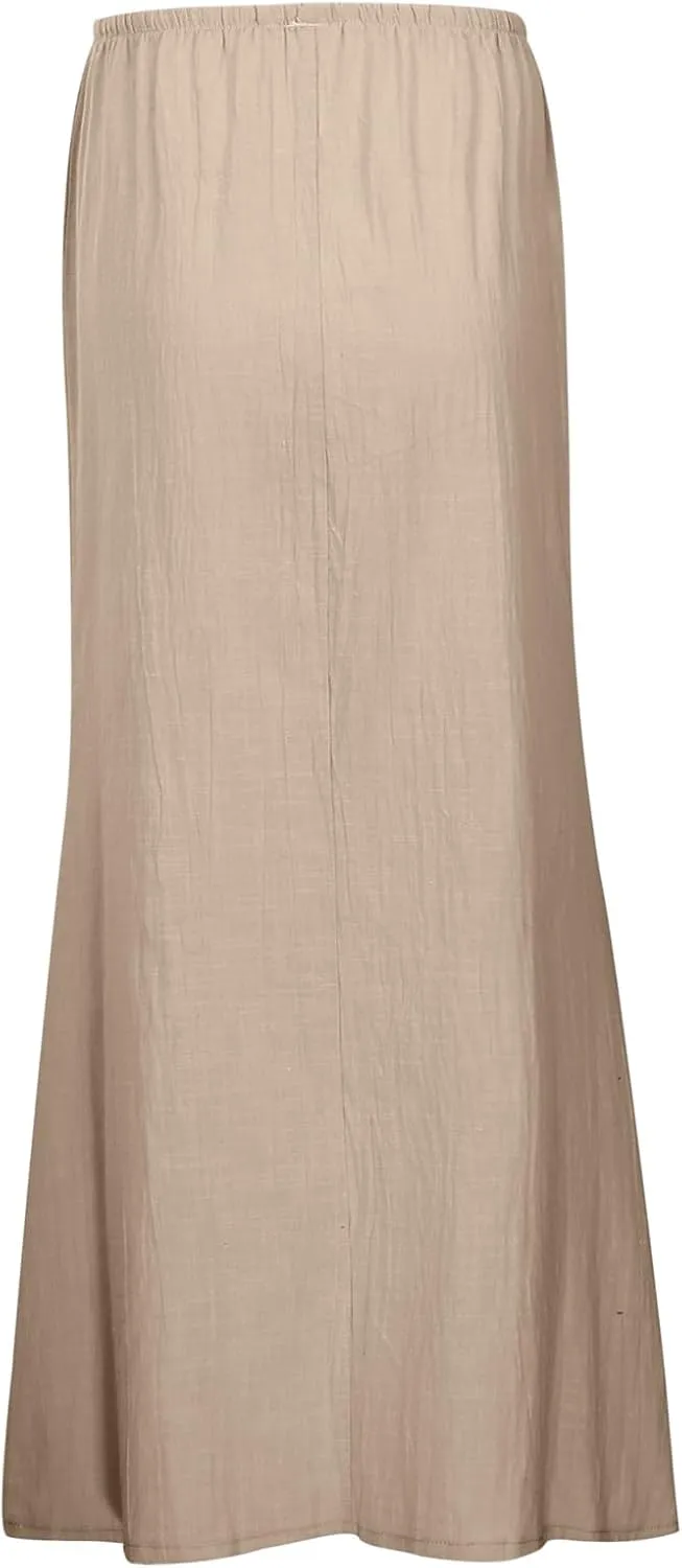 Summer Boho Linen Skirts for Women Casual Loose Maxi Length Drawstring Low Rise A-Line Flowy Long Beach Skirt