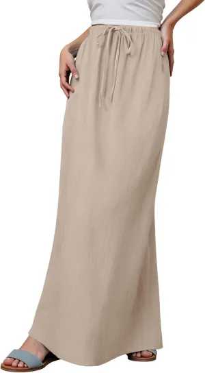 Summer Boho Linen Skirts for Women Casual Loose Maxi Length Drawstring Low Rise A-Line Flowy Long Beach Skirt