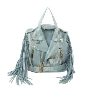 Vintage Denim Motorcycle Jacket Fringe Backpack – Bold & Stylish