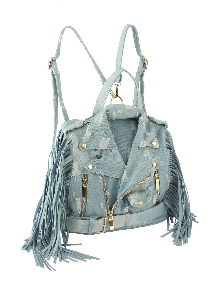 Vintage Denim Motorcycle Jacket Fringe Backpack – Bold & Stylish