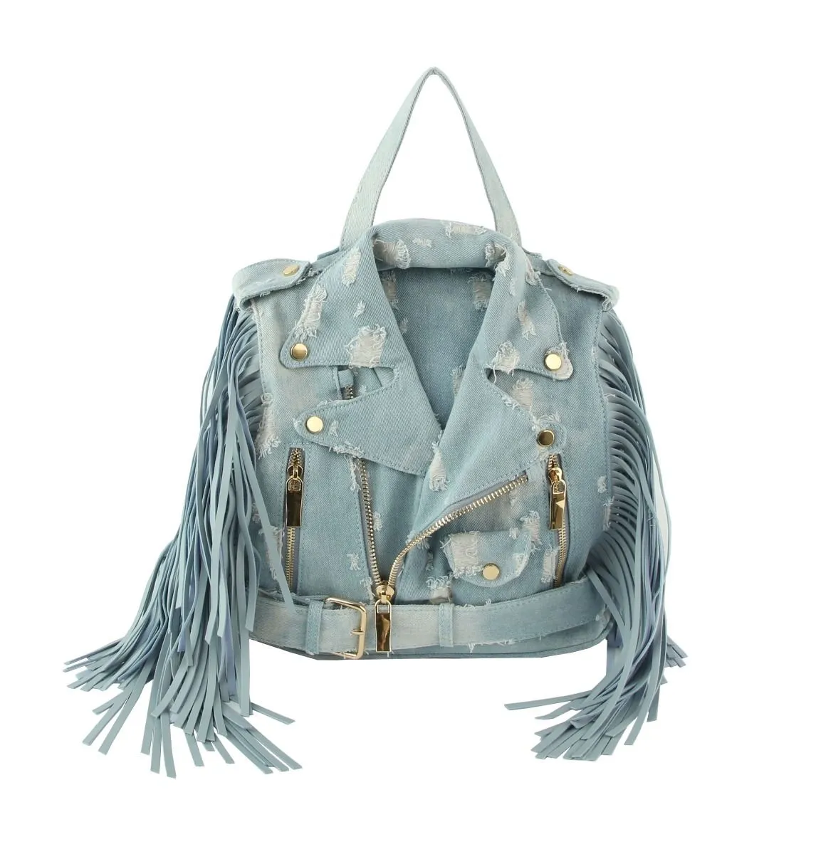 Vintage Denim Motorcycle Jacket Fringe Backpack – Bold & Stylish