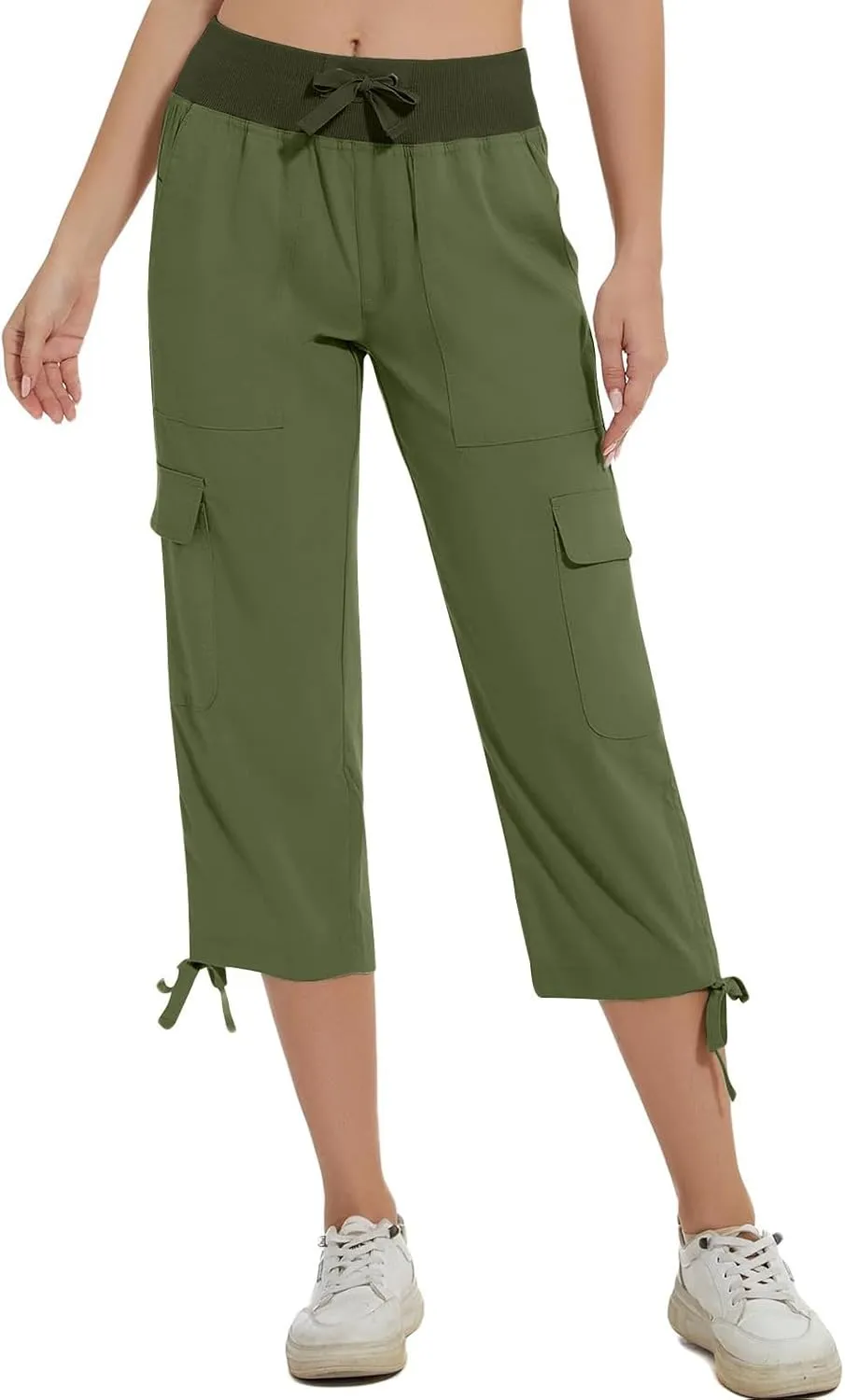 Women Cargo Twill Capris Fashion Lace-Up Hem Outdoor Jogger Pants Elastic High Waist Casual Crop Trousers for Hiking Travel