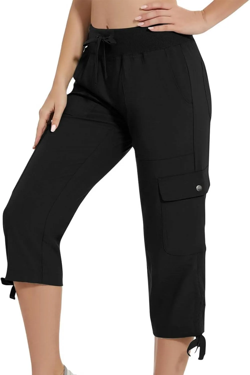 Women Cargo Twill Capris Fashion Lace-Up Hem Outdoor Jogger Pants Elastic High Waist Casual Crop Trousers for Hiking Travel