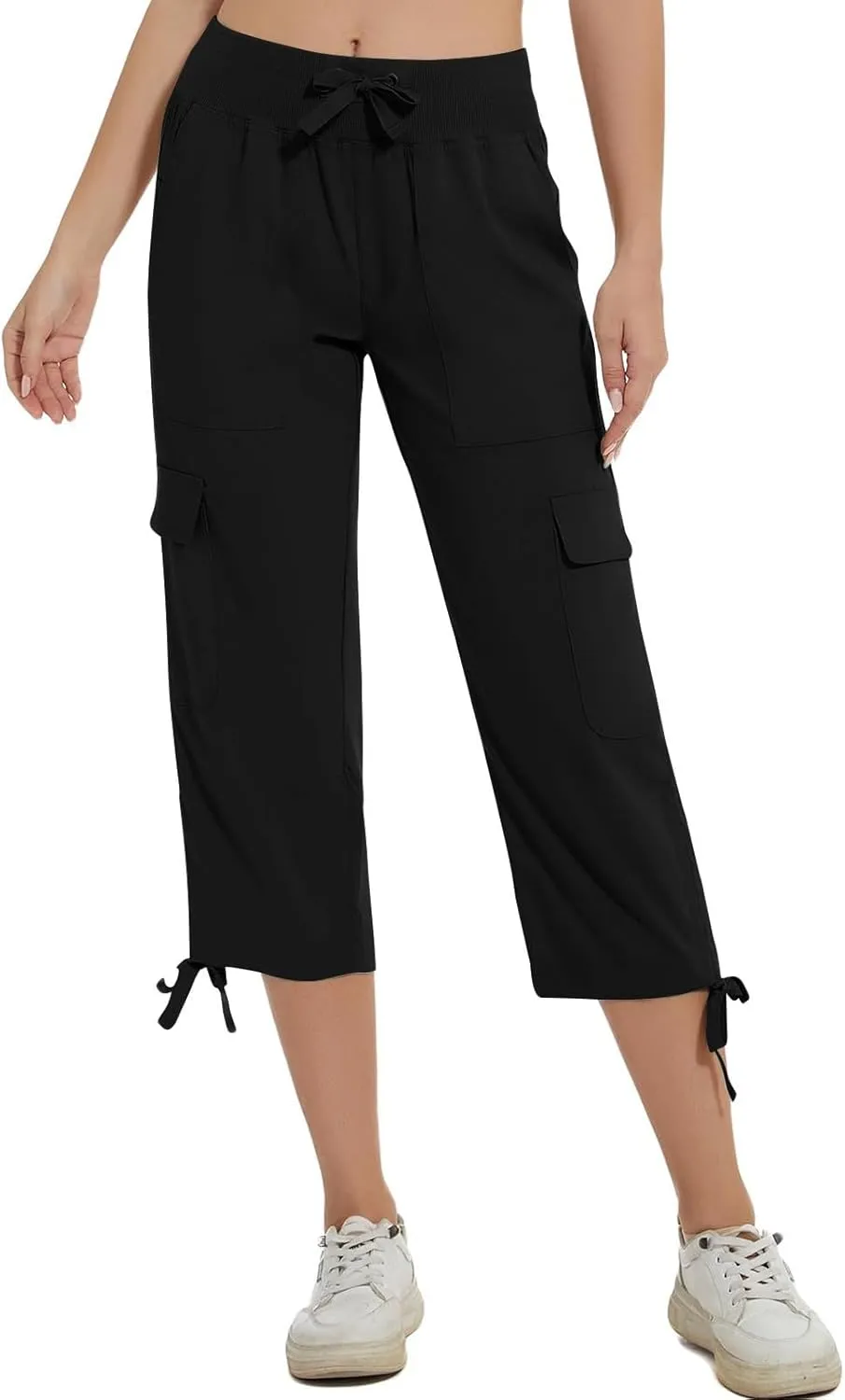 Women Cargo Twill Capris Fashion Lace-Up Hem Outdoor Jogger Pants Elastic High Waist Casual Crop Trousers for Hiking Travel