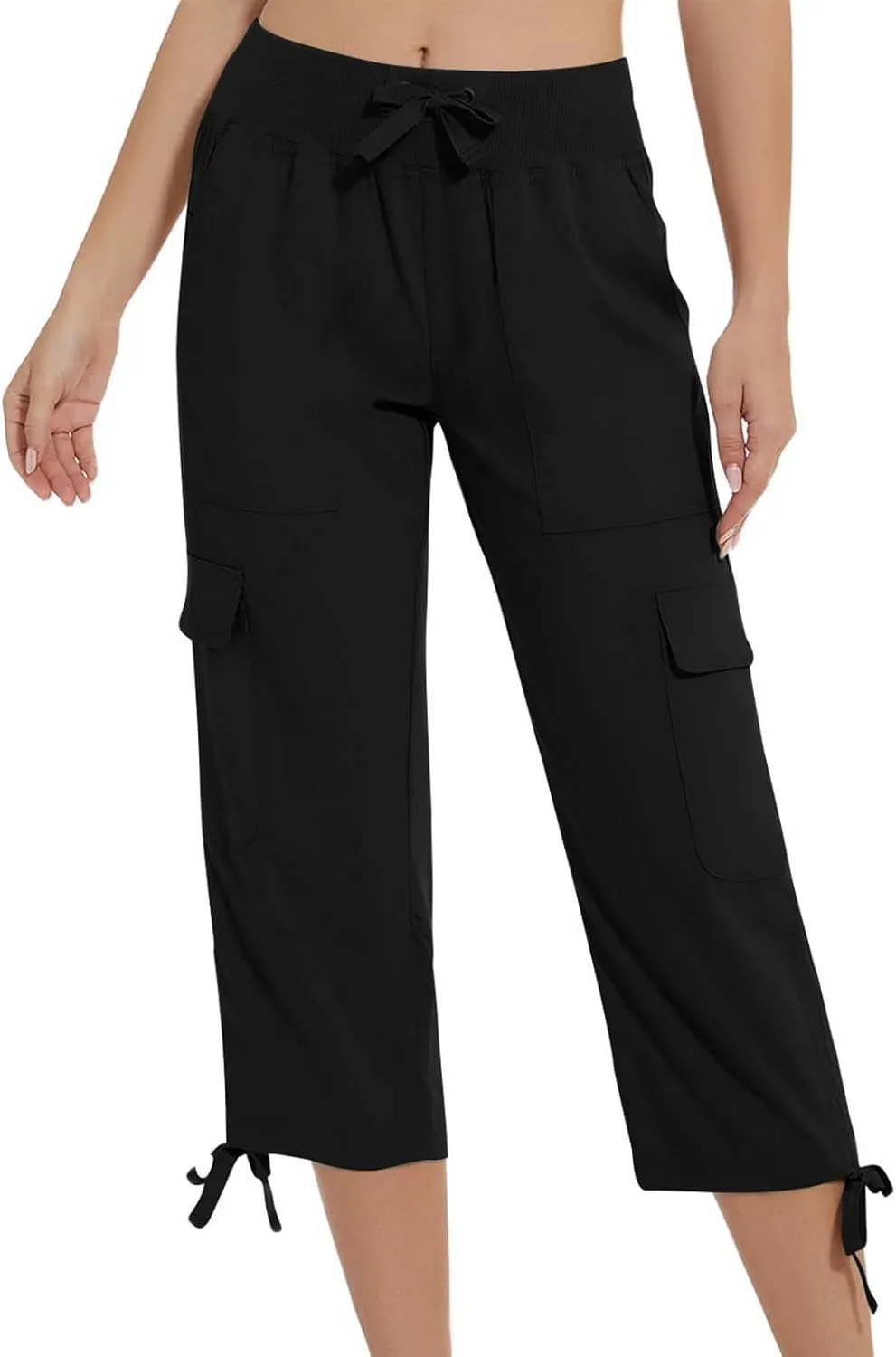 Women Cargo Twill Capris Fashion Lace-Up Hem Outdoor Jogger Pants Elastic High Waist Casual Crop Trousers for Hiking Travel