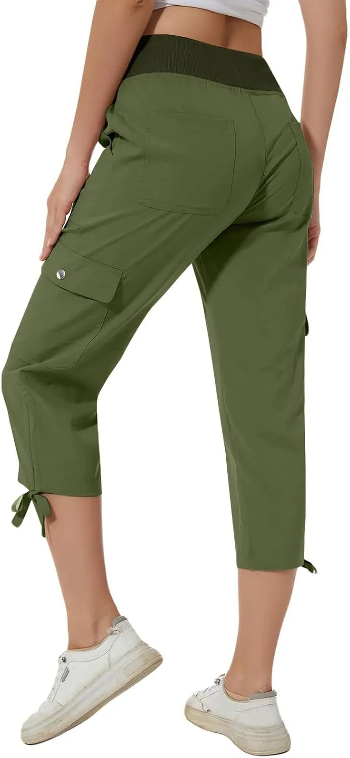 Women Cargo Twill Capris Fashion Lace-Up Hem Outdoor Jogger Pants Elastic High Waist Casual Crop Trousers for Hiking Travel