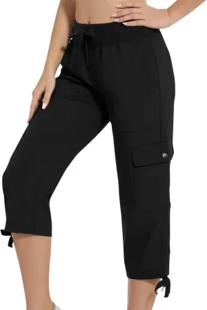 Women Cargo Twill Capris Fashion Lace-Up Hem Outdoor Jogger Pants Elastic High Waist Casual Crop Trousers for Hiking Travel