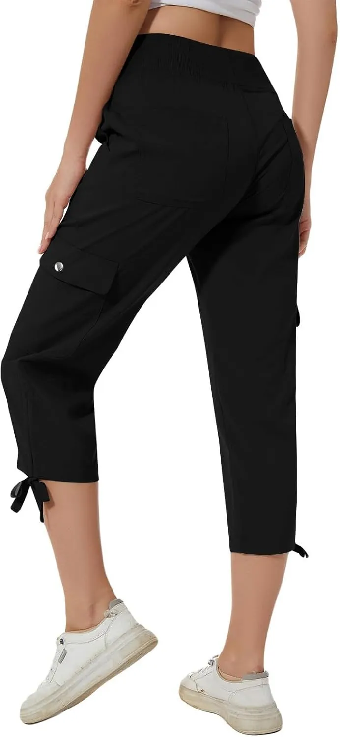 Women Cargo Twill Capris Fashion Lace-Up Hem Outdoor Jogger Pants Elastic High Waist Casual Crop Trousers for Hiking Travel