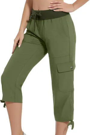 Women Cargo Twill Capris Fashion Lace-Up Hem Outdoor Jogger Pants Elastic High Waist Casual Crop Trousers for Hiking Travel