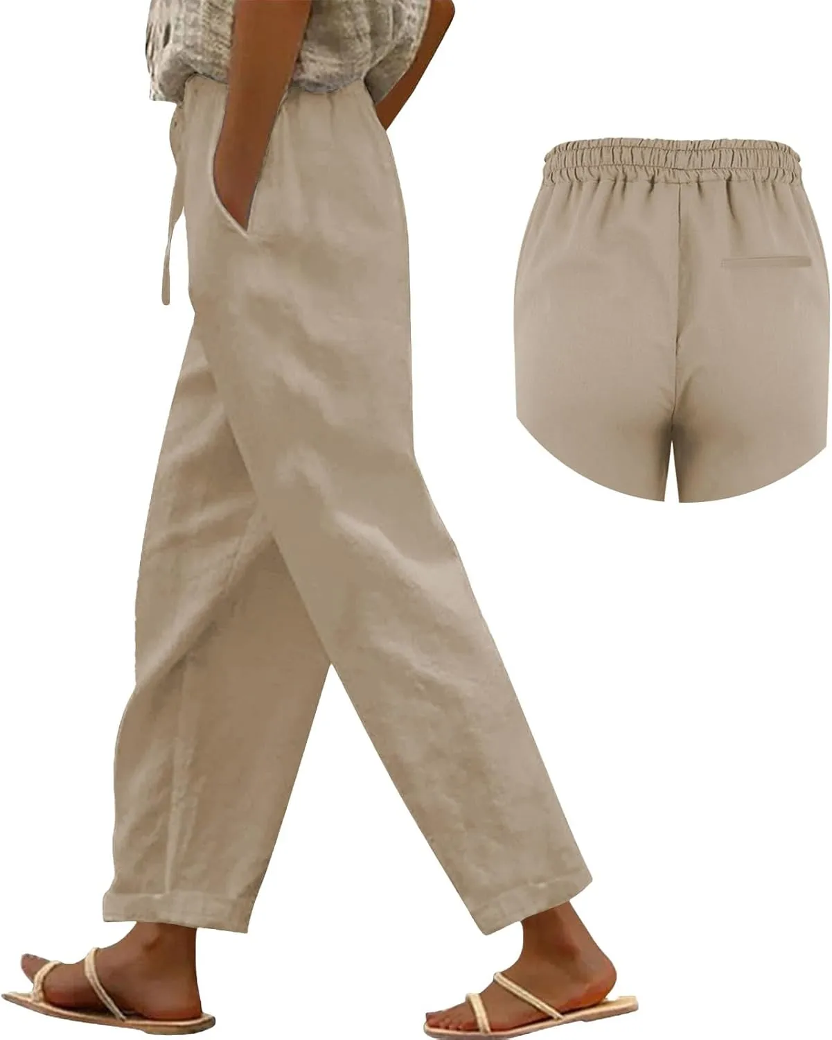 Women Linen Capri Pants Lightweight Quick Dry Summer Pants Casual Beach Drawstring Elastic Waist Boho Trousers