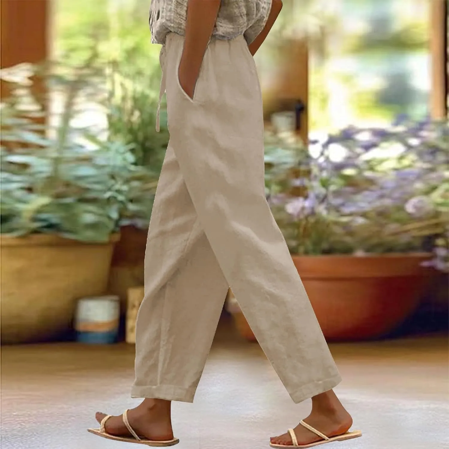 Women Linen Capri Pants Lightweight Quick Dry Summer Pants Casual Beach Drawstring Elastic Waist Boho Trousers