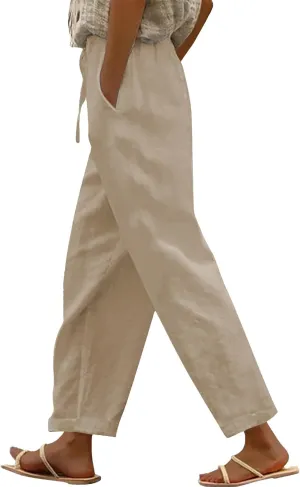 Women Linen Capri Pants Lightweight Quick Dry Summer Pants Casual Beach Drawstring Elastic Waist Boho Trousers
