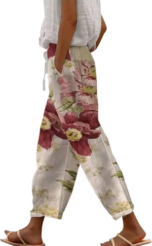 Womens Casual Linen Pants 2024 Drawstring Elastic Waist Trousers with Pockets Lounge Fashion Vacation Capri Pants