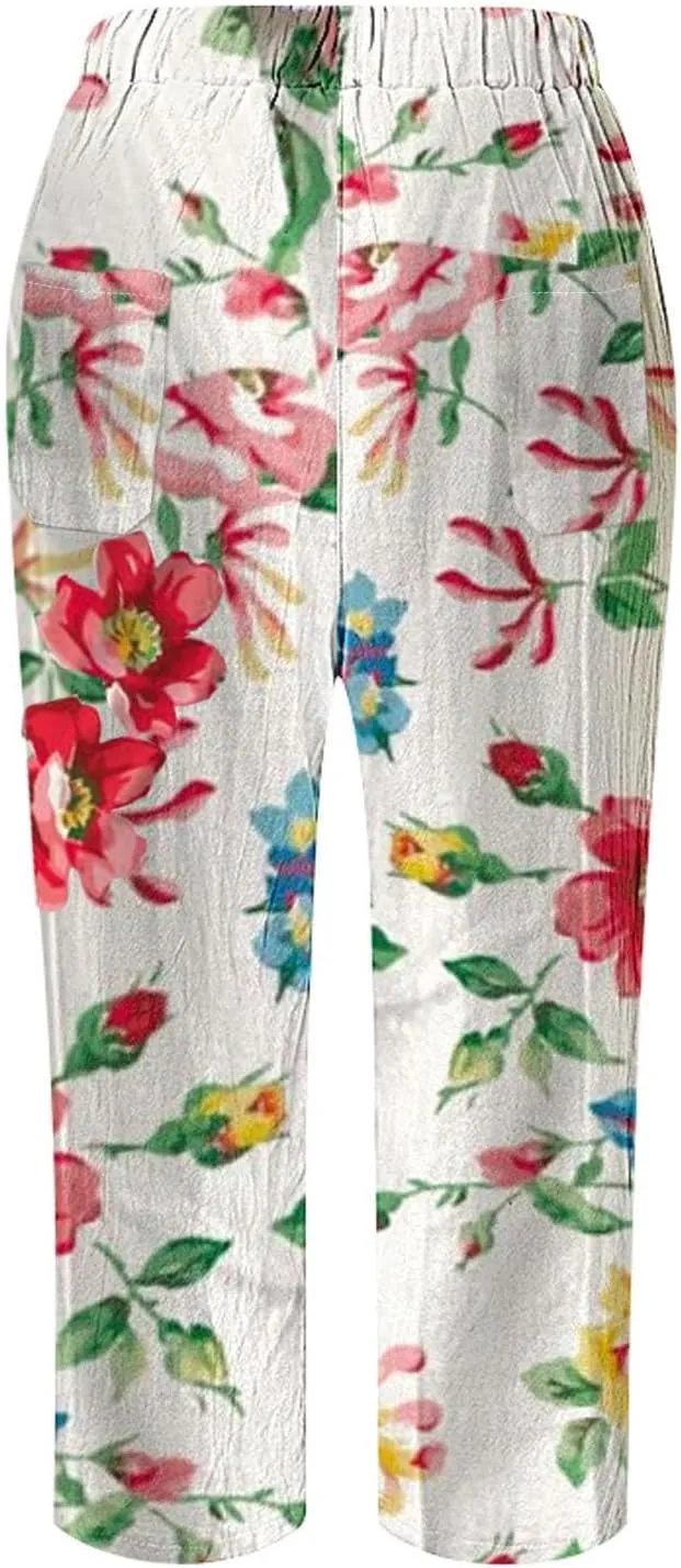 Womens Casual Linen Pants 2024 Drawstring Elastic Waist Trousers with Pockets Lounge Fashion Vacation Capri Pants