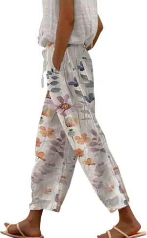Womens Casual Linen Pants 2024 Drawstring Elastic Waist Trousers with Pockets Lounge Fashion Vacation Capri Pants