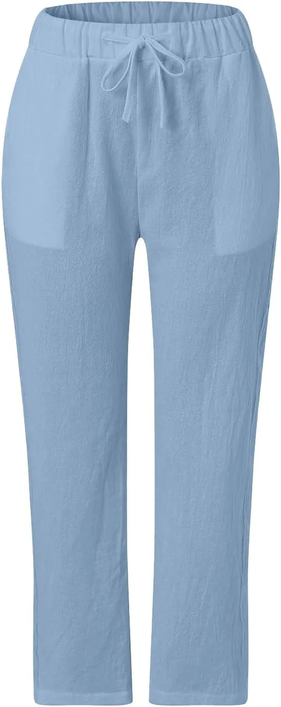 Womens Casual Linen Pants 2024 Drawstring Elastic Waist Trousers with Pockets Lounge Fashion Vacation Capri Pants