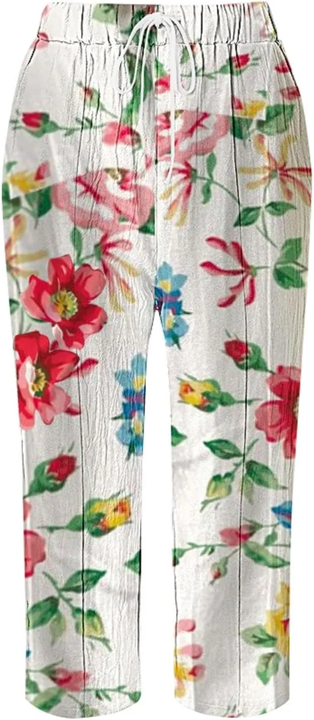 Womens Casual Linen Pants 2024 Drawstring Elastic Waist Trousers with Pockets Lounge Fashion Vacation Capri Pants