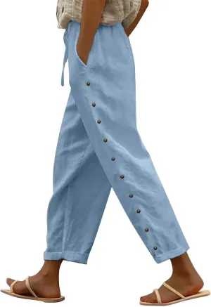 Womens Casual Linen Pants 2024 Drawstring Elastic Waist Trousers with Pockets Lounge Fashion Vacation Capri Pants