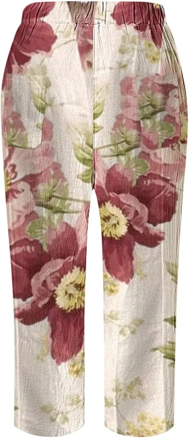 Womens Casual Linen Pants 2024 Drawstring Elastic Waist Trousers with Pockets Lounge Fashion Vacation Capri Pants