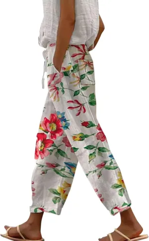 Womens Casual Linen Pants 2024 Drawstring Elastic Waist Trousers with Pockets Lounge Fashion Vacation Capri Pants