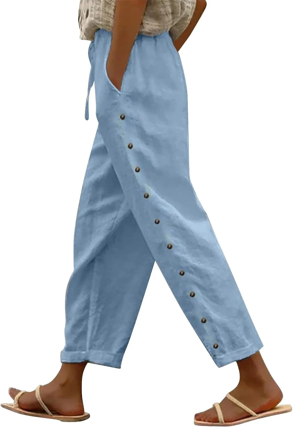 Womens Casual Linen Pants 2024 Drawstring Elastic Waist Trousers with Pockets Lounge Fashion Vacation Capri Pants