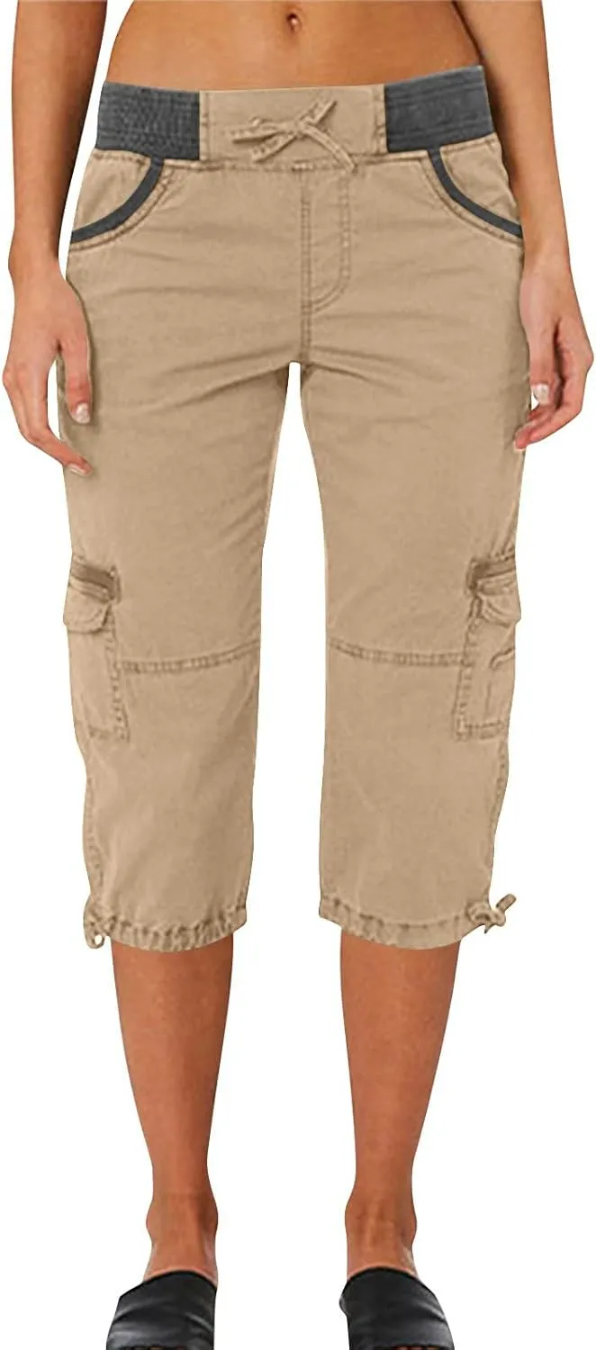 Womens Short Cargo Pants 2025 Summer Trendy Casual Drawstring Capri Pants Cropped Pants with Pocket