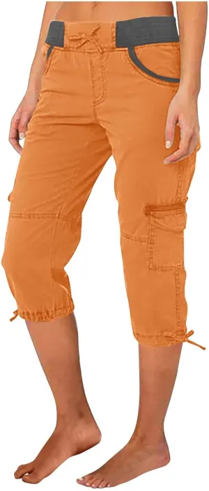 Womens Short Cargo Pants 2025 Summer Trendy Casual Drawstring Capri Pants Cropped Pants with Pocket