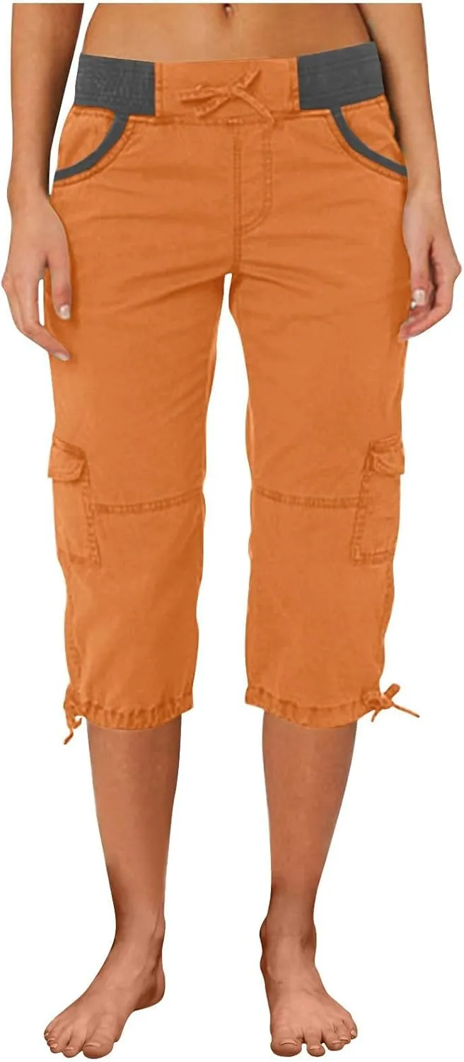 Womens Short Cargo Pants 2025 Summer Trendy Casual Drawstring Capri Pants Cropped Pants with Pocket