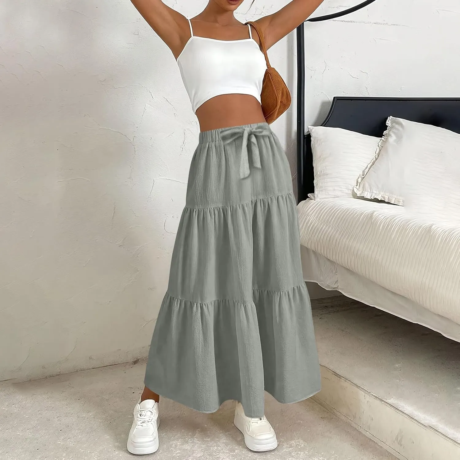 Women's Summer Flowy Swing Midi Skirts Boho High Elastic Waist Fake Drawstring Floral Print A line Casual Cute Skirt