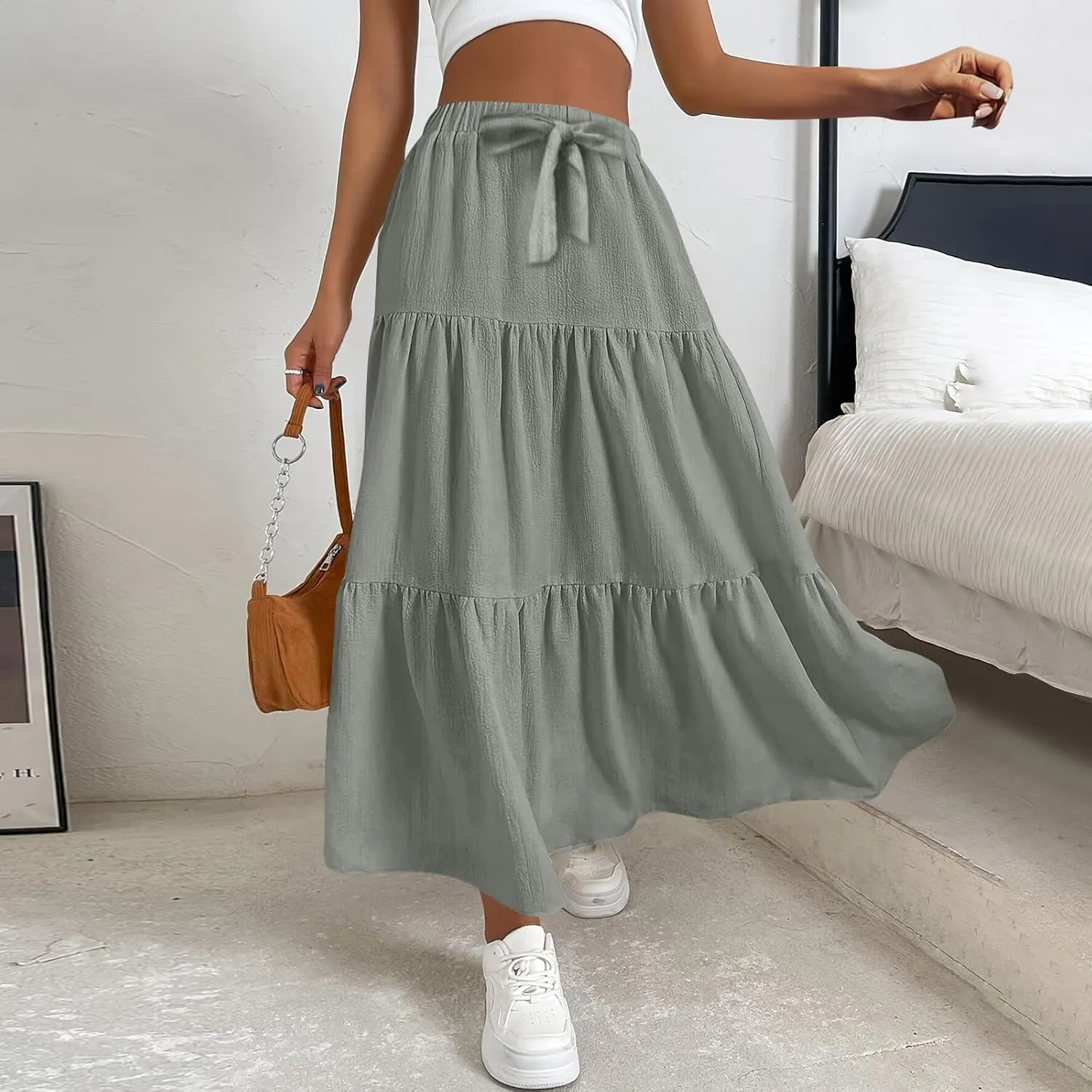 Women's Summer Flowy Swing Midi Skirts Boho High Elastic Waist Fake Drawstring Floral Print A line Casual Cute Skirt