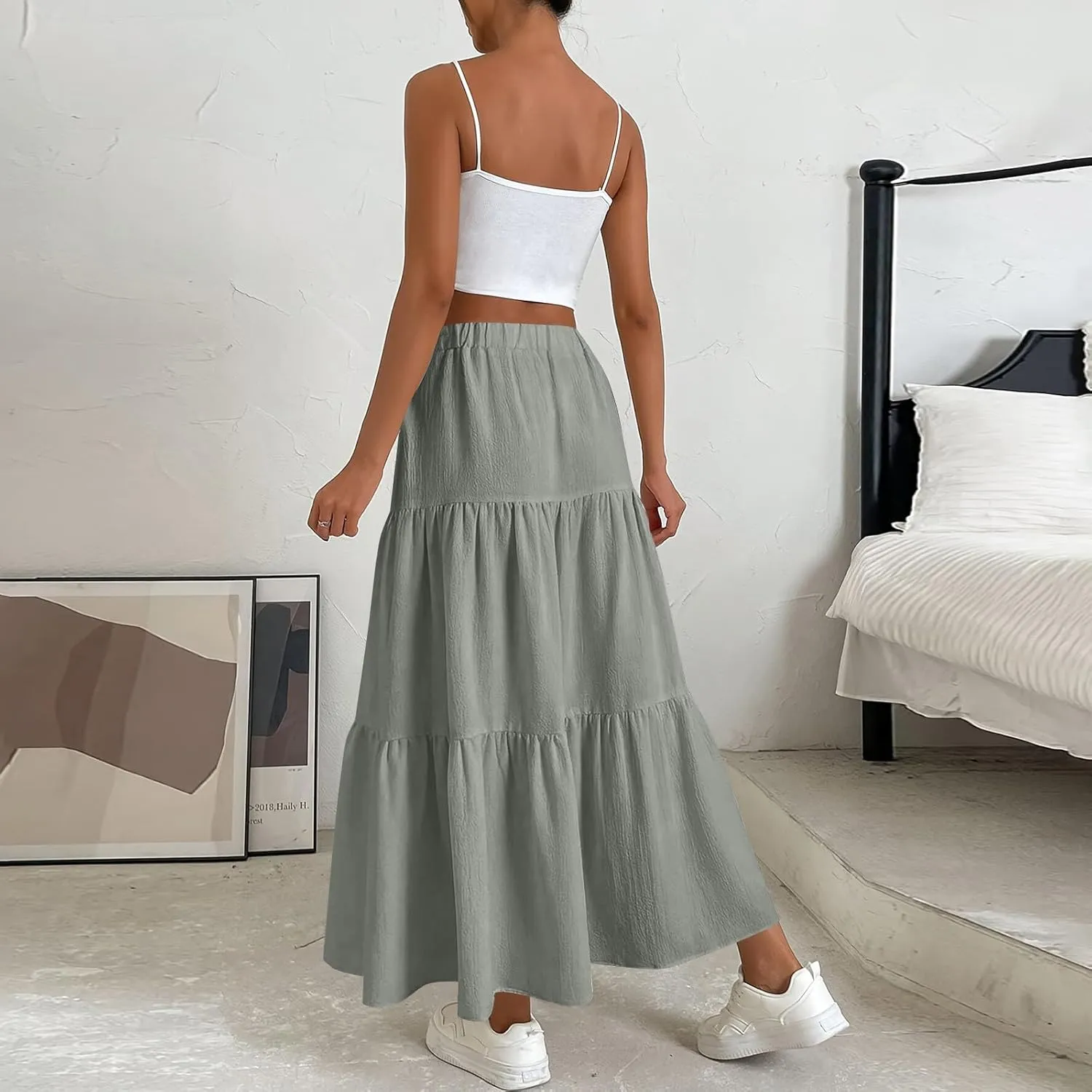Women's Summer Flowy Swing Midi Skirts Boho High Elastic Waist Fake Drawstring Floral Print A line Casual Cute Skirt