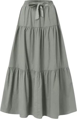Women's Summer Flowy Swing Midi Skirts Boho High Elastic Waist Fake Drawstring Floral Print A line Casual Cute Skirt