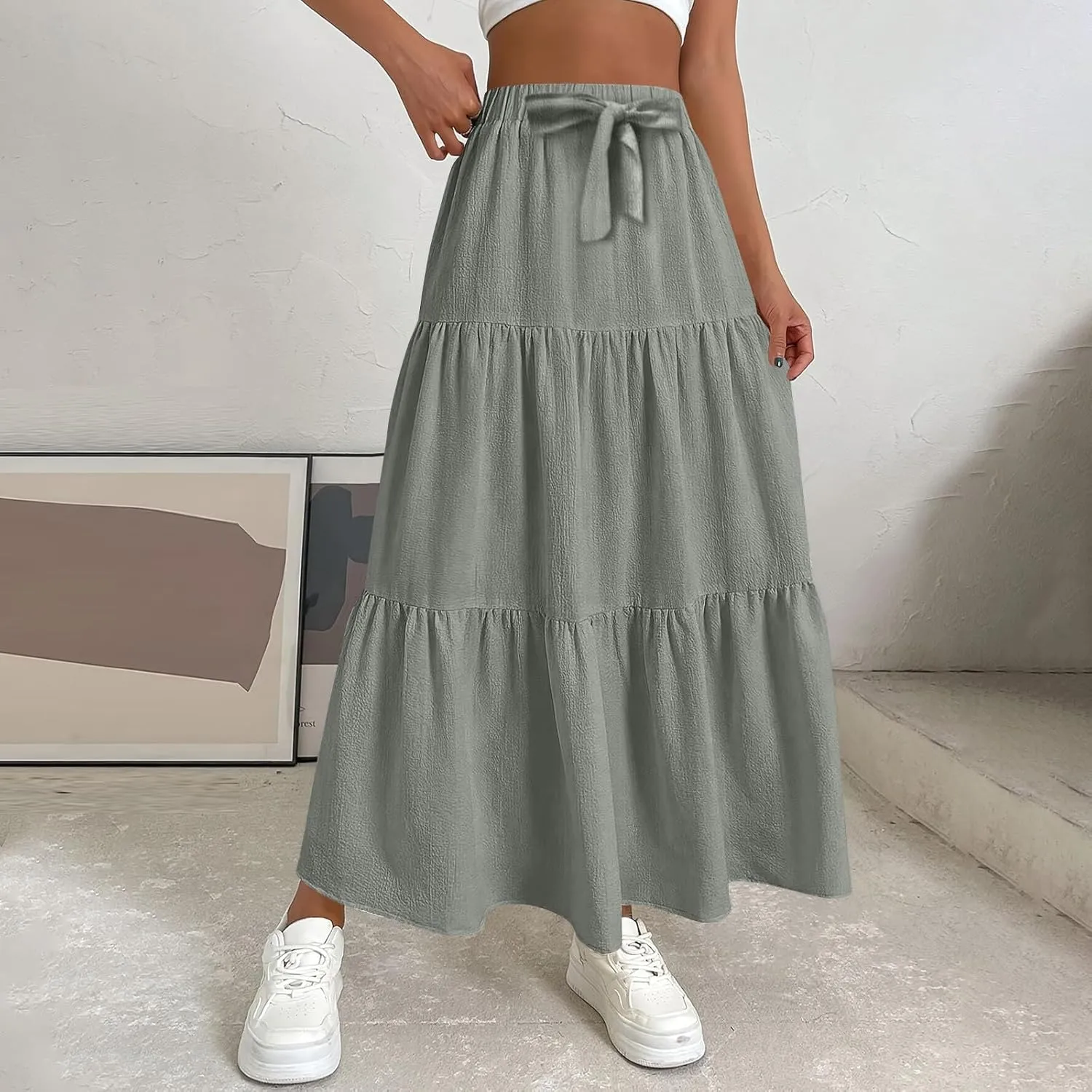 Women's Summer Flowy Swing Midi Skirts Boho High Elastic Waist Fake Drawstring Floral Print A line Casual Cute Skirt