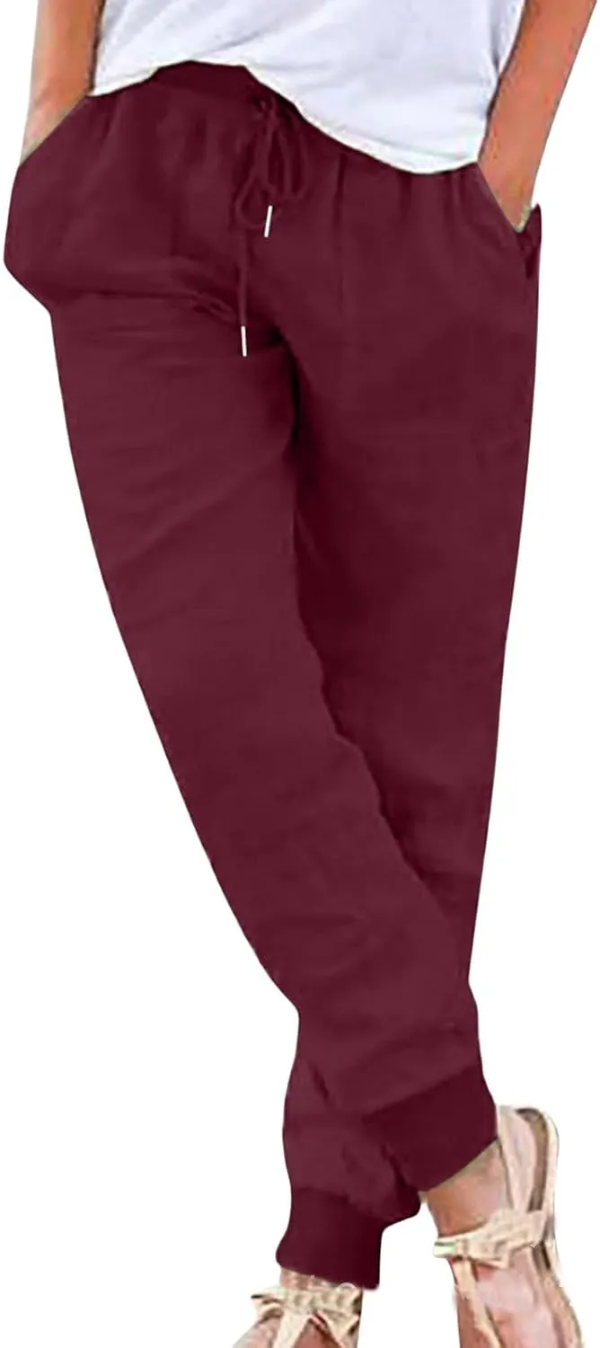 Womens Tapered Pant Summer Lightweight Cotton Linen Pants Drawstring Elastic Waist Loose Fit Casual Pant with Pockets