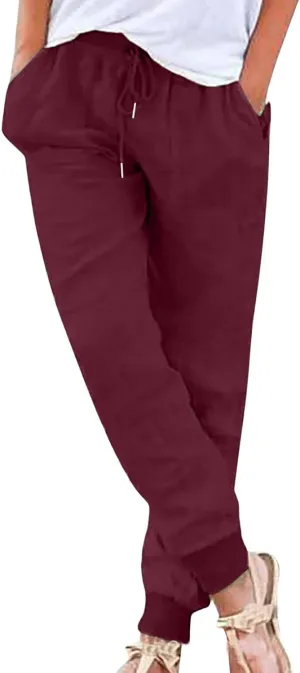 Womens Tapered Pant Summer Lightweight Cotton Linen Pants Drawstring Elastic Waist Loose Fit Casual Pant with Pockets